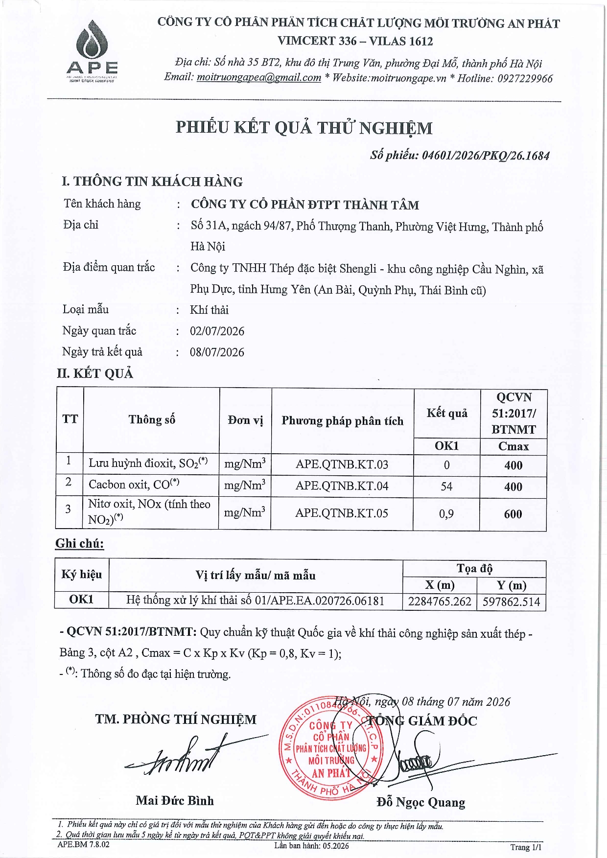 Kết quả quan trắc khí thải quý III